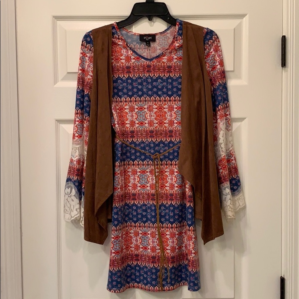 Western Style Girls Dress with Faux Suede Vest